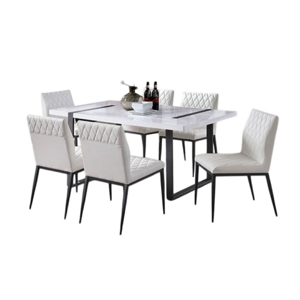 Alz 7pc Dining Table Set | 6 White Faux Leather Upholstered Chairs | Black