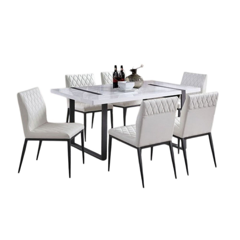 Alz 7pc Dining Table Set | 6 White Faux Leather Upholstered Chairs | Black