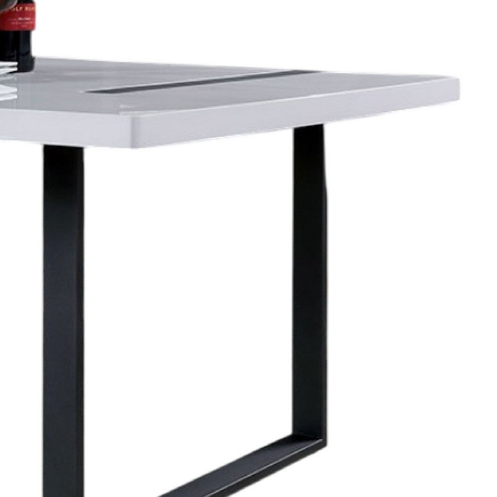 Alz 7pc Dining Table Set | 6 White Faux Leather Upholstered Chairs | Black
