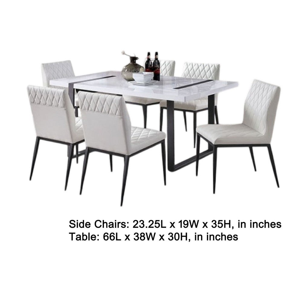 Alz 7pc Dining Table Set | 6 White Faux Leather Upholstered Chairs | Black