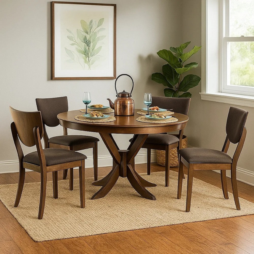 Meka 5pc Round Dining Table Set | Dark Brown Pedestal Cross Base | 4 Chairs