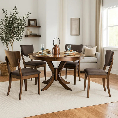 Meka 5pc Round Dining Table Set | Dark Brown Pedestal Cross Base | 4 Chairs