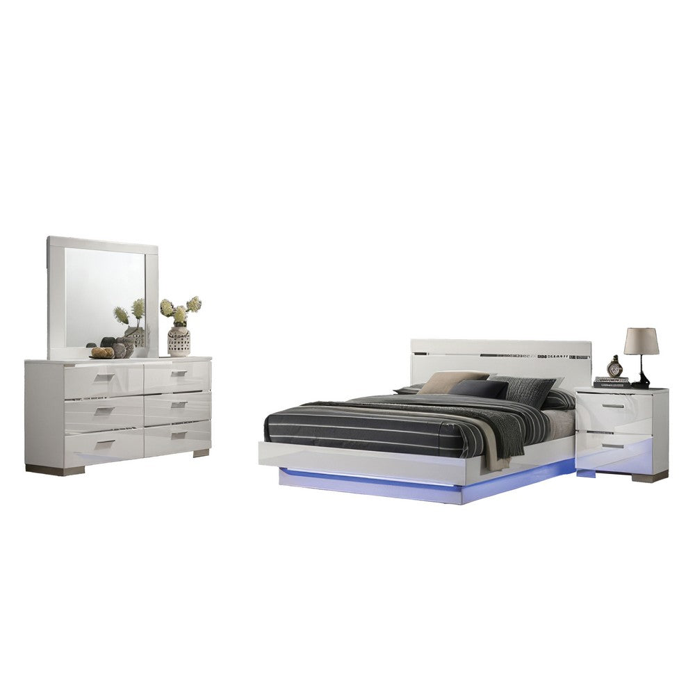 Pero 4pc Queen Bedroom Set | LED | Chrome & White | Dresser Mirror