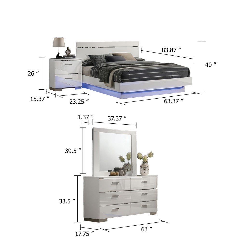 Pero 4pc Queen Bedroom Set | LED | Chrome & White | Dresser Mirror