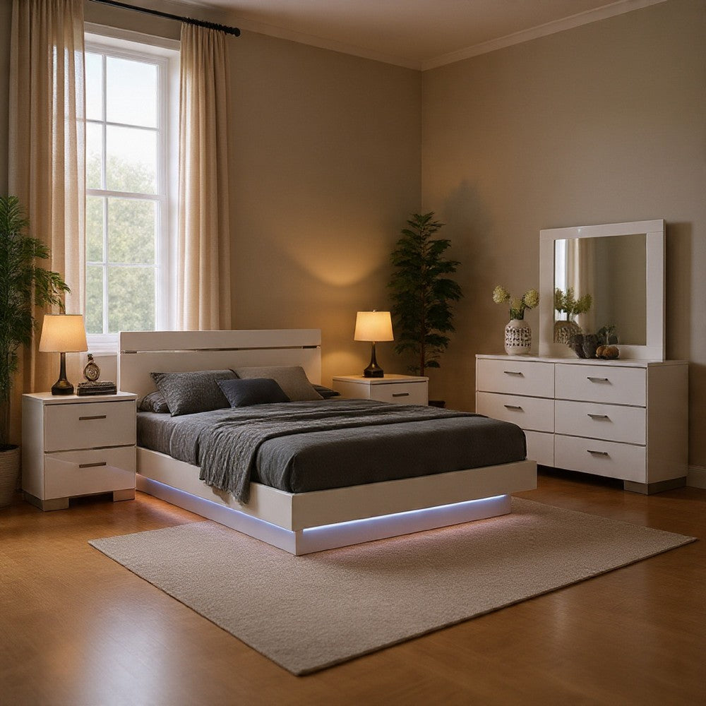 Pero 4pc Queen Bedroom Set | LED | Chrome & White | Dresser Mirror