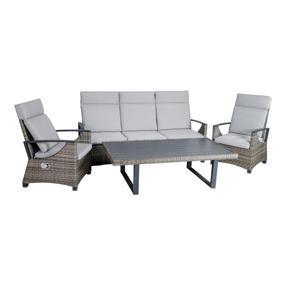 Lona 4pc Outdoor Sofa & Table Set w Gray Cushions | 2 Chairs | Black