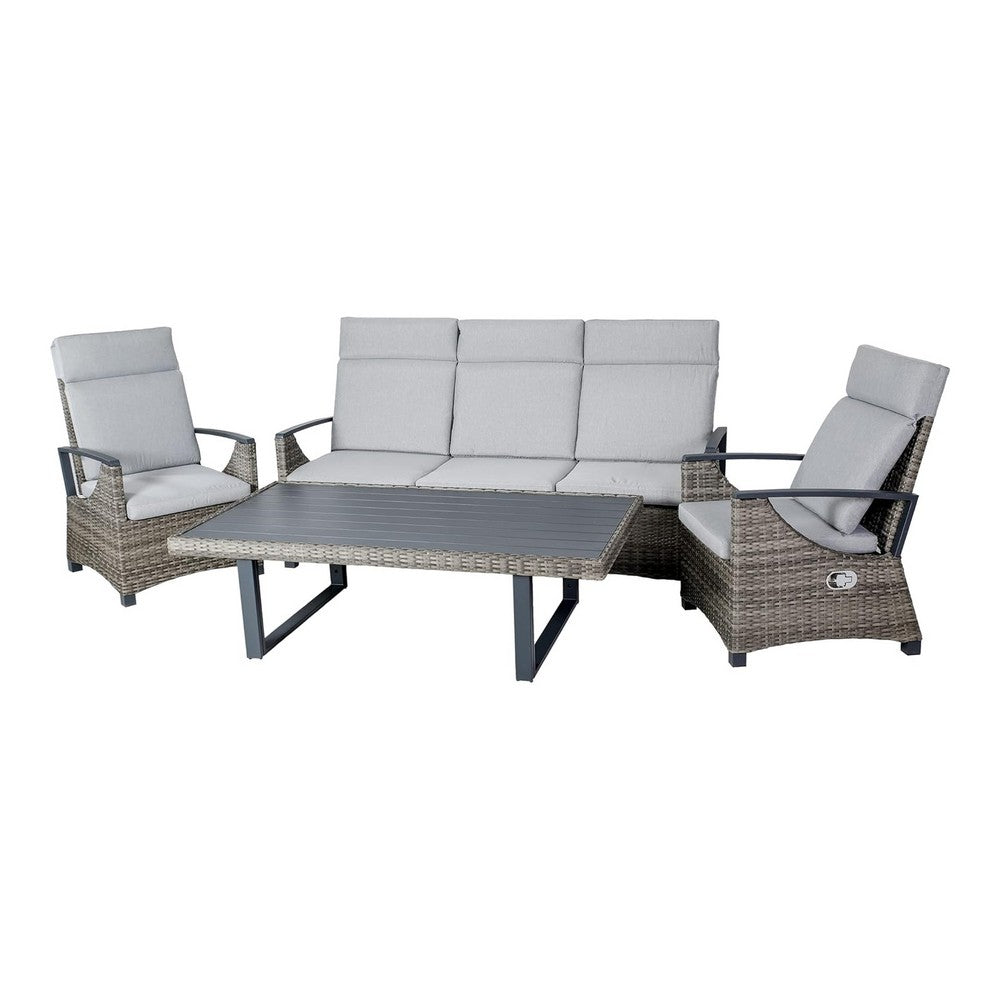 Lona 4pc Outdoor Sofa & Table Set w Gray Cushions | 2 Chairs | Black