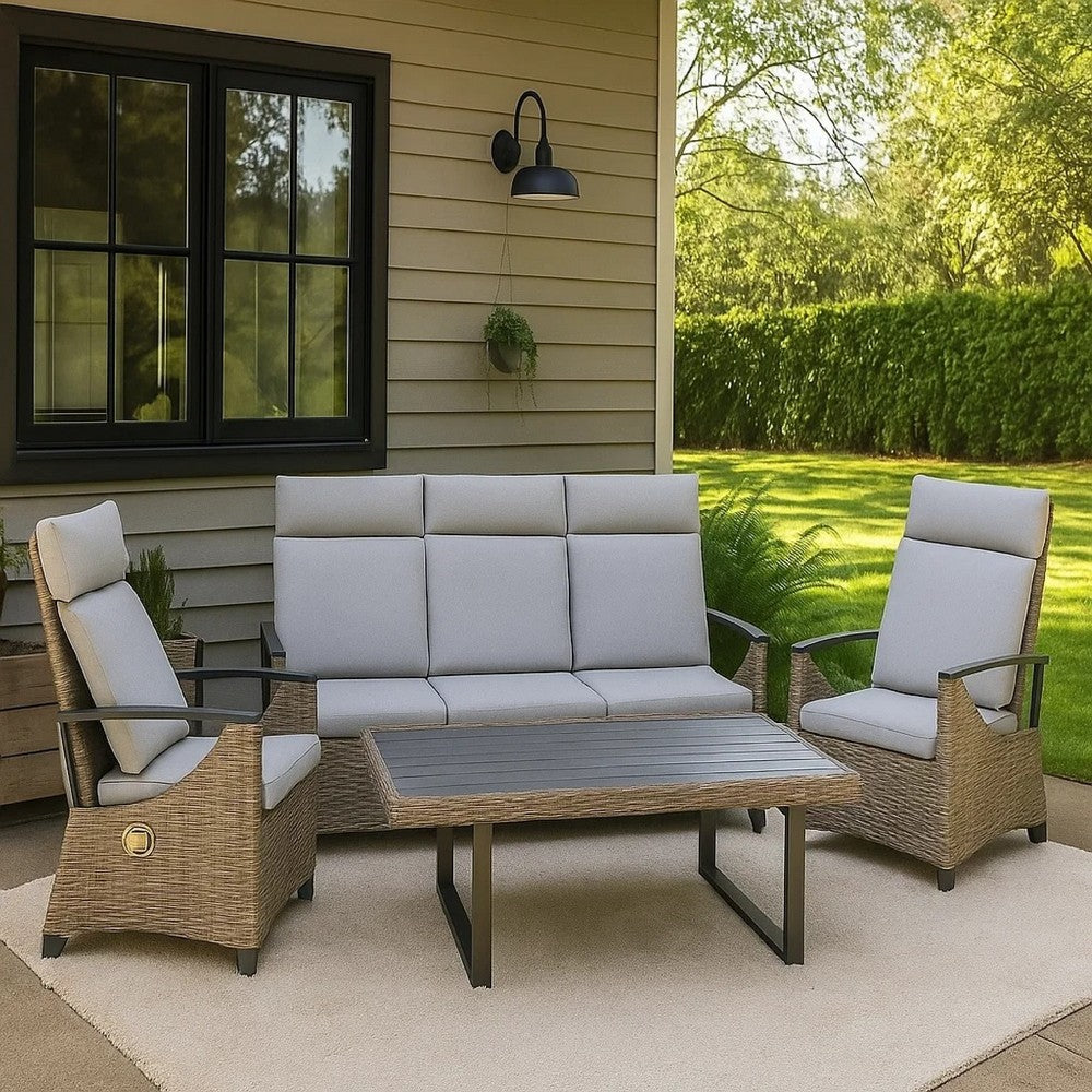 Lona 4pc Outdoor Sofa & Table Set w Gray Cushions | 2 Chairs | Black