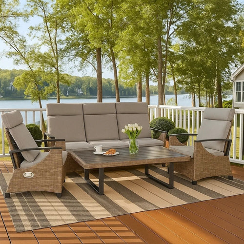 Lona 4pc Outdoor Sofa & Table Set w Gray Cushions | 2 Chairs | Black