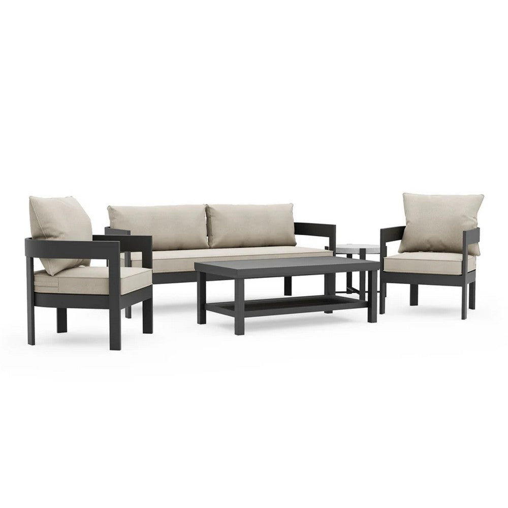 Lea 5pc Outdoor Sofa & Chairs Set | Coffee Table | Light Brown | Black