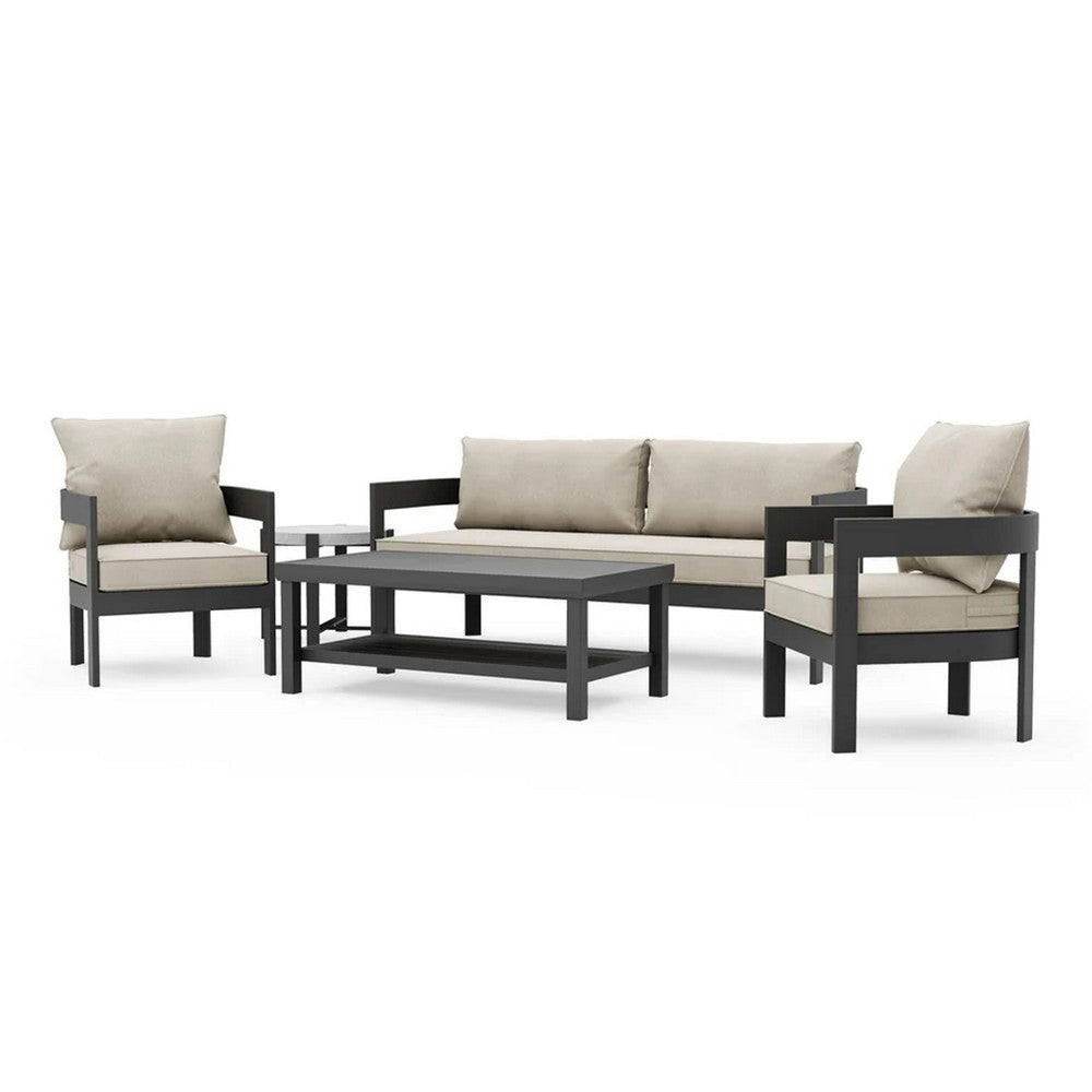 Lea 5pc Outdoor Sofa & Chairs Set | Coffee Table | Light Brown | Black