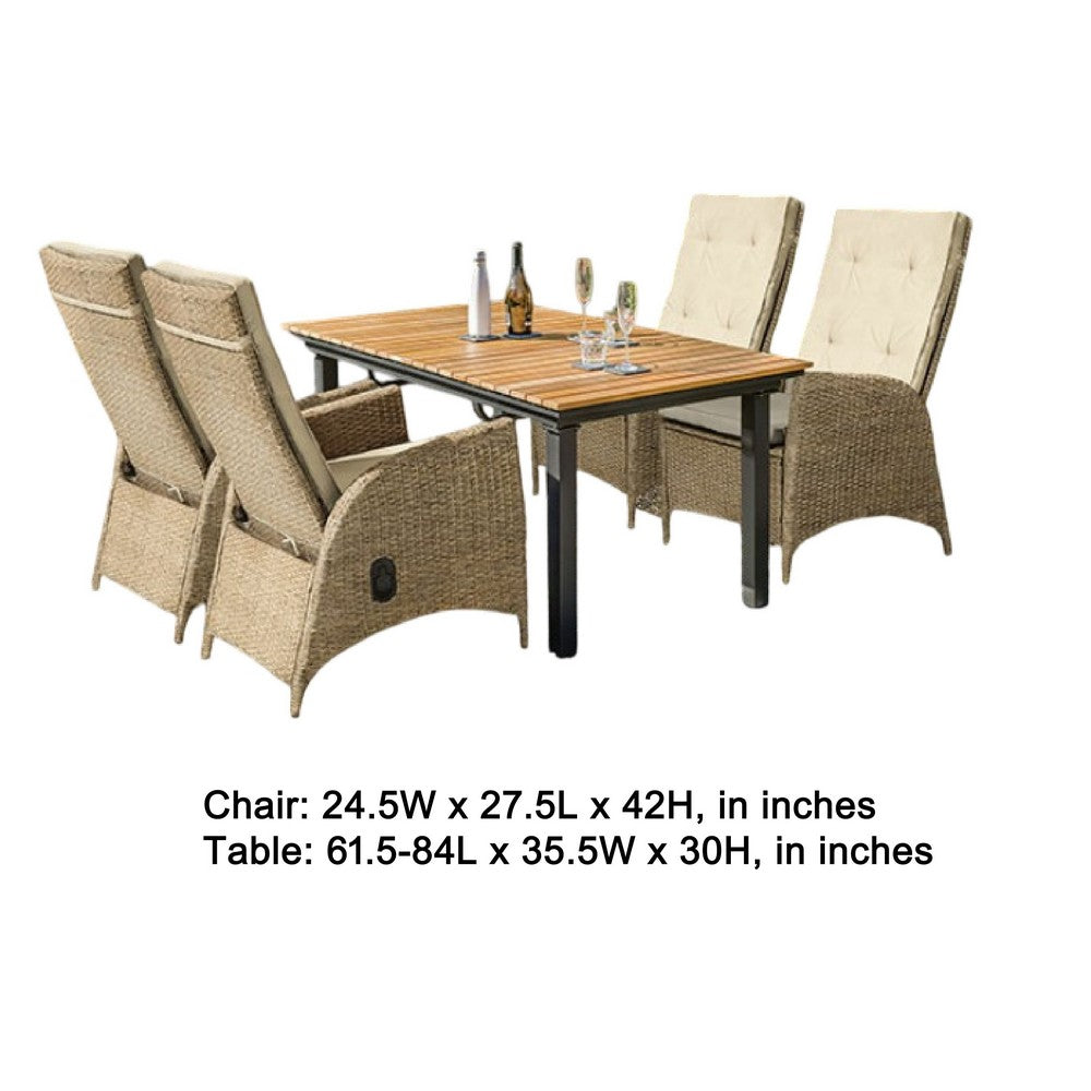 Ankia 5pc Outdoor Dining Set | 4 Reclining Chairs | Beige | 62-84" Table
