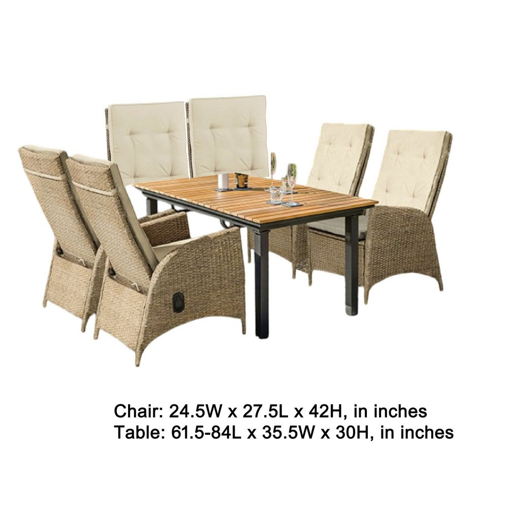 Ankia 7pc Outdoor Dining Set | 6 Reclining Chairs | Beige | 62-84" Table
