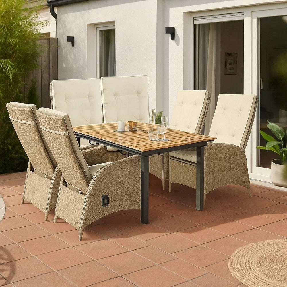 Ankia 7pc Outdoor Dining Set | 6 Reclining Chairs | Beige | 62-84" Table