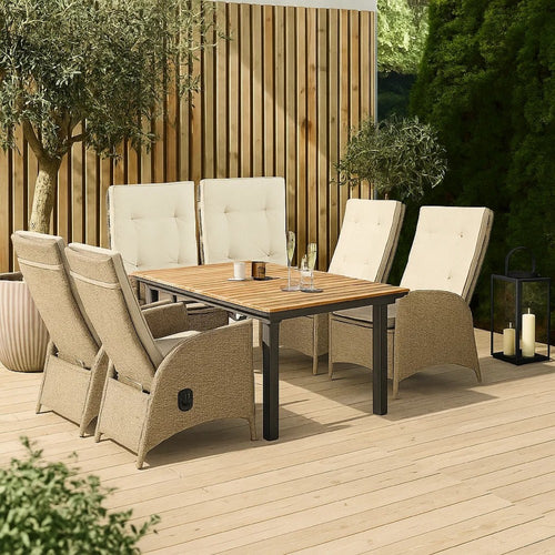 Ankia 7pc Outdoor Dining Set | 6 Reclining Chairs | Beige | 62-84" Table