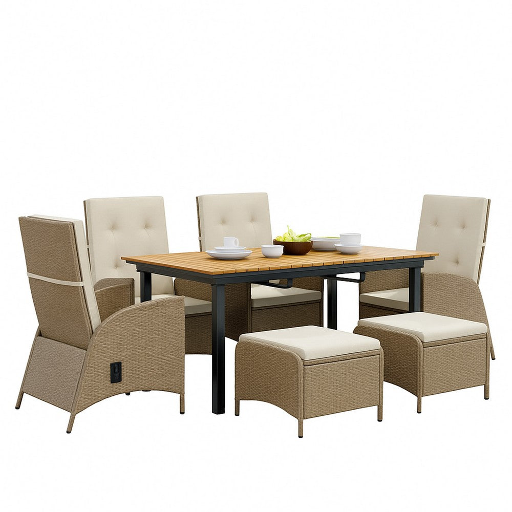 Ankia 7pc Outdoor Reclining Dining Set | 2 Ottomans | 62-84" Table | Brown