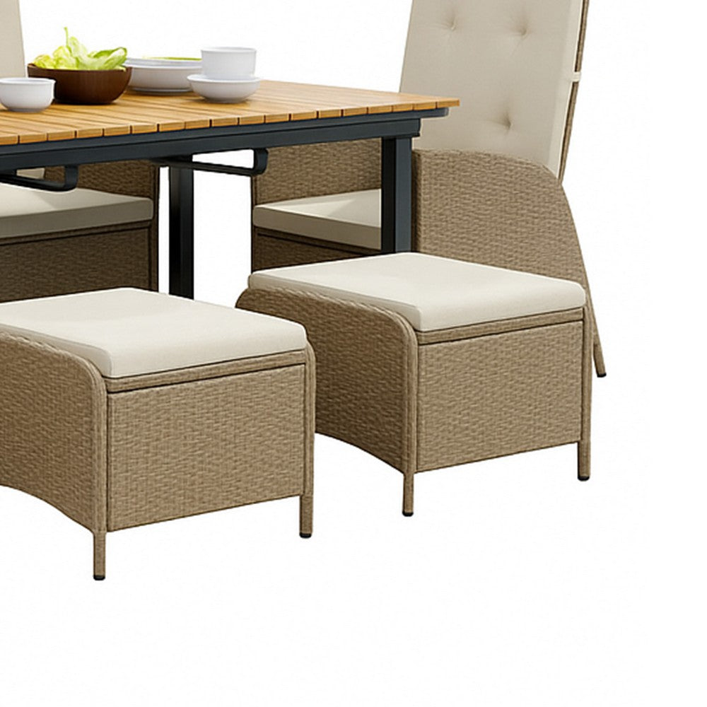 Ankia 7pc Outdoor Reclining Dining Set | 2 Ottomans | 62-84" Table | Brown