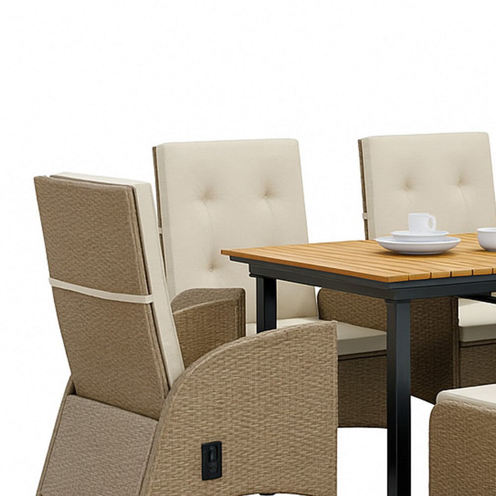 Ankia 7pc Outdoor Reclining Dining Set | 2 Ottomans | 62-84" Table | Brown