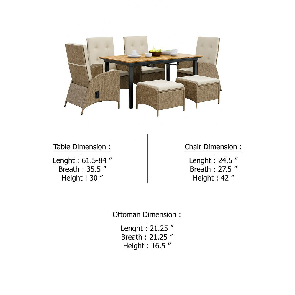 Ankia 7pc Outdoor Reclining Dining Set | 2 Ottomans | 62-84" Table | Brown
