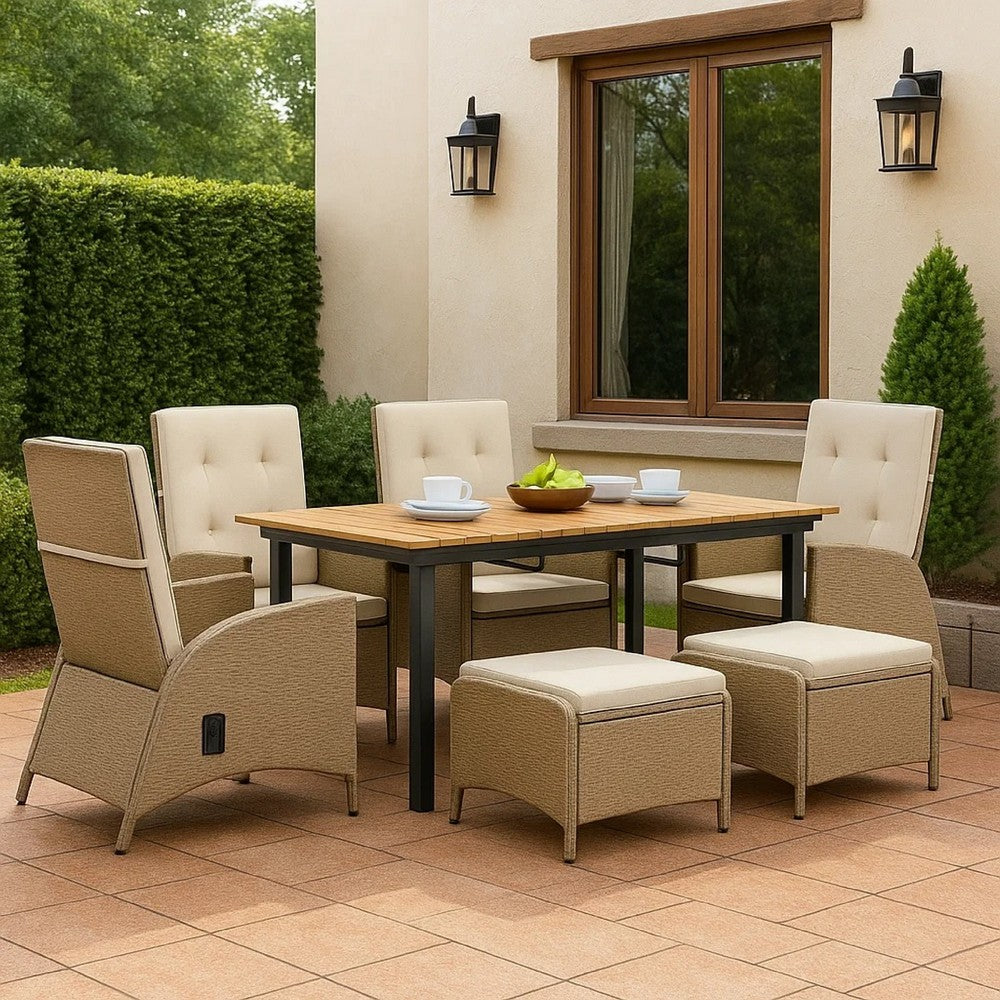 Ankia 7pc Outdoor Reclining Dining Set | 2 Ottomans | 62-84" Table | Brown