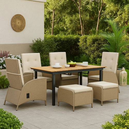 Ankia 7pc Outdoor Reclining Dining Set | 2 Ottomans | 62-84" Table | Brown
