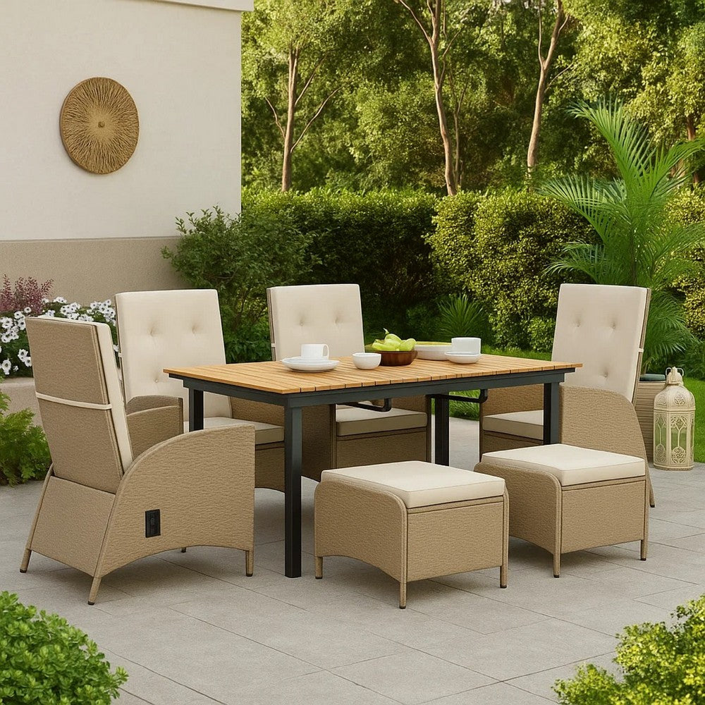 Ankia 7pc Outdoor Reclining Dining Set | 2 Ottomans | 62-84" Table | Brown