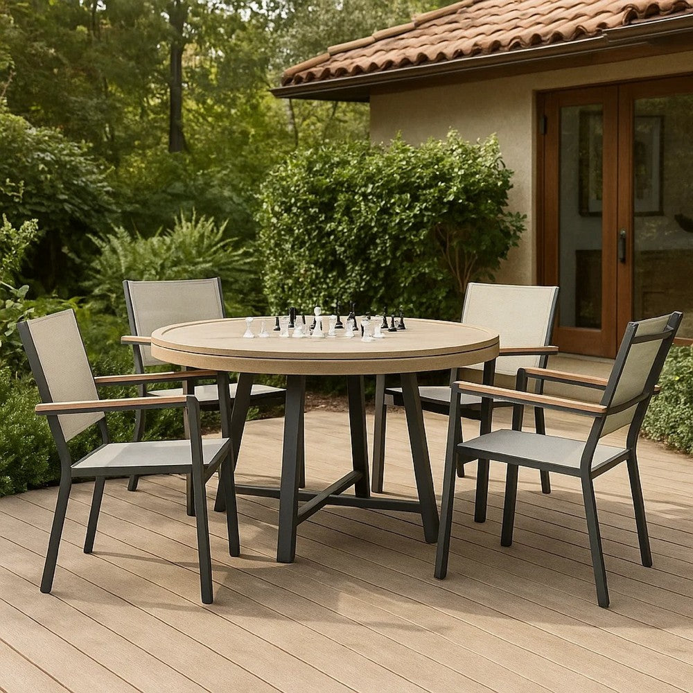 Nily 5pc Outdoor Poker Chess Game Table Set | Stacking Chairs | Teak Wood
