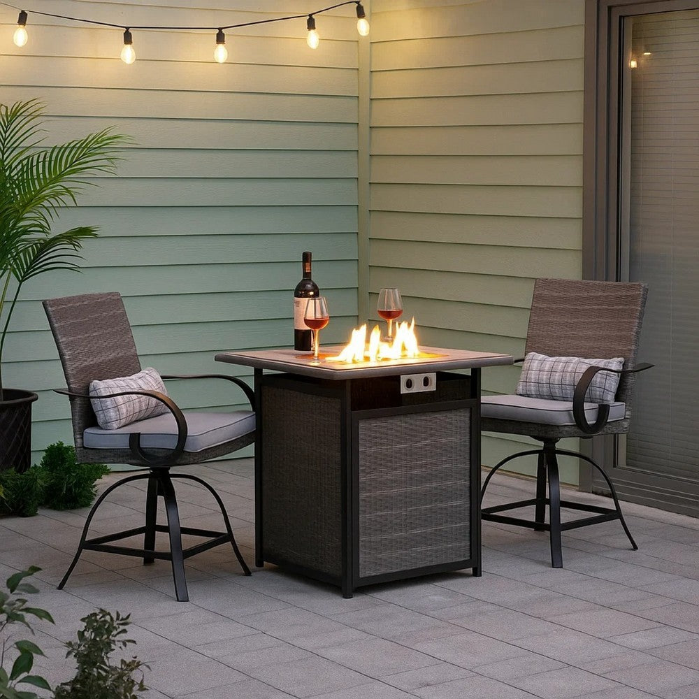 Noa 3pc Outdoor Fire Pit Counter Height Set w Swivel Chairs | Black Gray