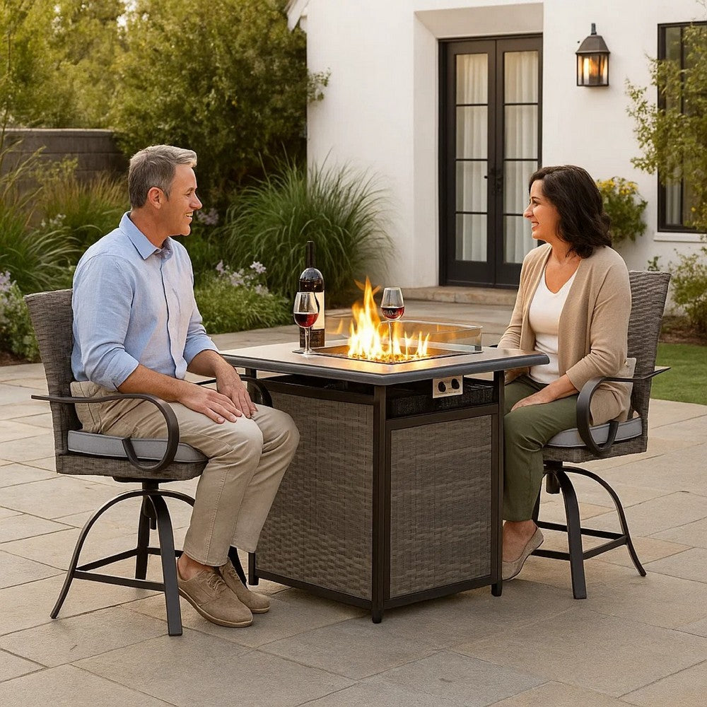 Noa 3pc Outdoor Fire Pit Counter Height Set w Swivel Chairs | Black Gray