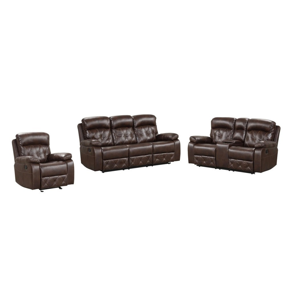 Kesy 3pc Manual Reclining Sofa | Loveseat & Chair Set | Brown Faux Leather