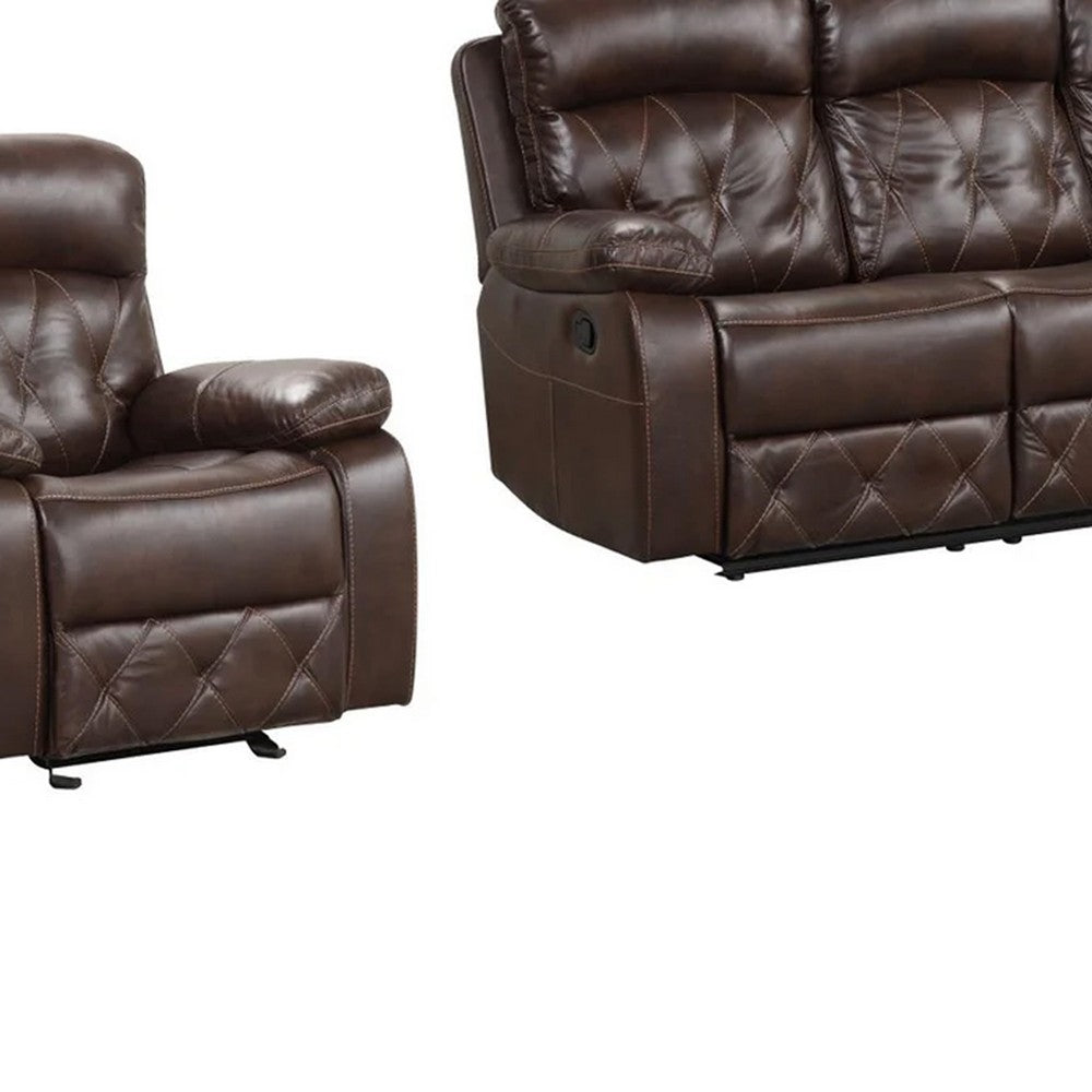 Kesy 3pc Manual Reclining Sofa | Loveseat & Chair Set | Brown Faux Leather