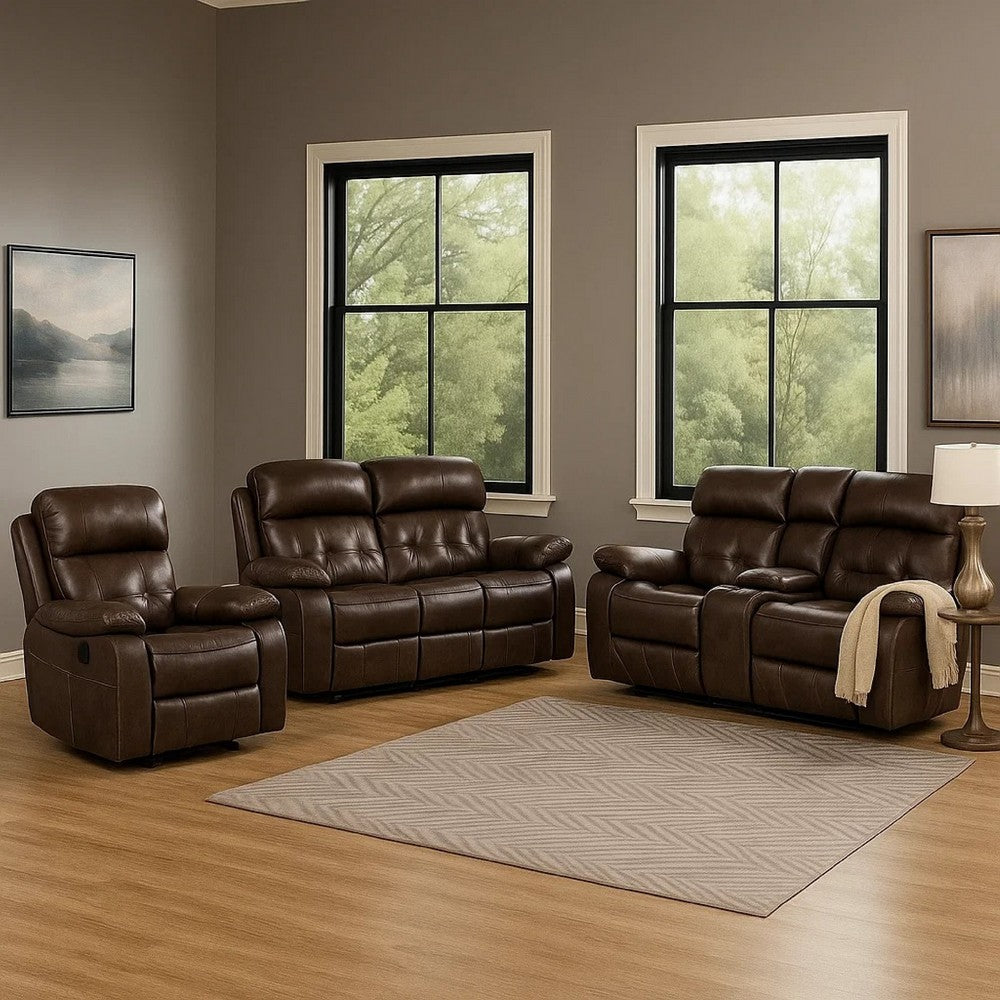 Kesy 3pc Manual Reclining Sofa | Loveseat & Chair Set | Brown Faux Leather