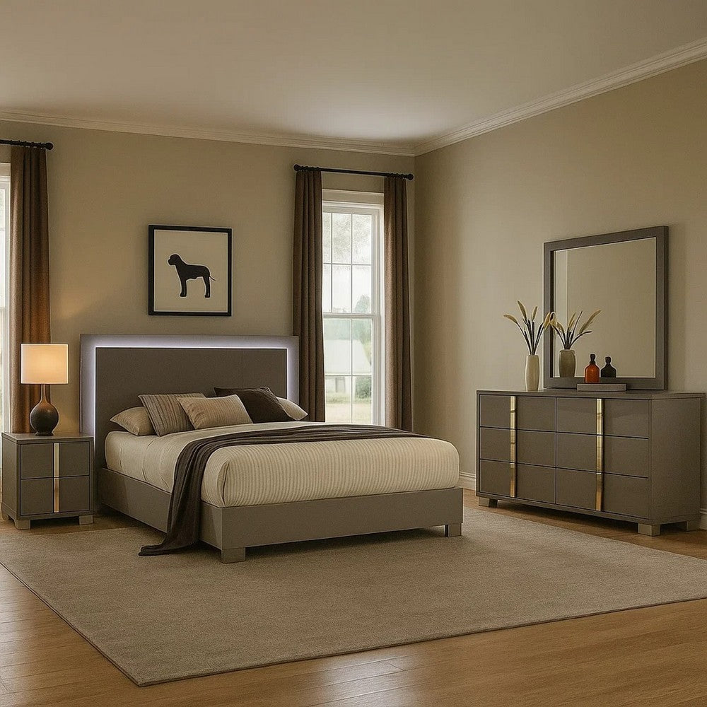 Suni 4pc Complete Queen Bedroom Set w LED Headboard | Light Taupe Gray