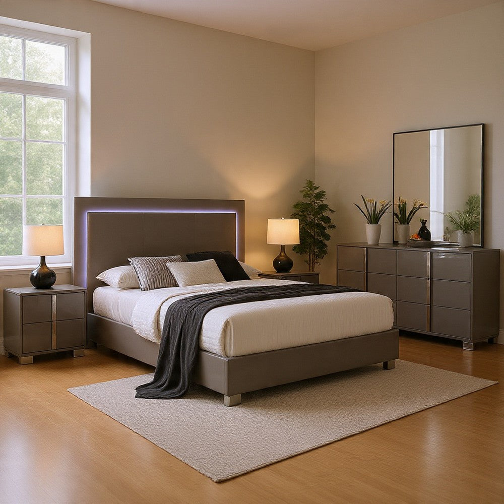 Suni 4pc Complete Queen Bedroom Set w LED Headboard | Light Taupe Gray