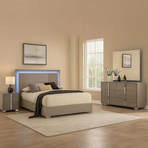 Suni 4pc Complete Queen Bedroom Set w LED Headboard | Light Taupe Gray