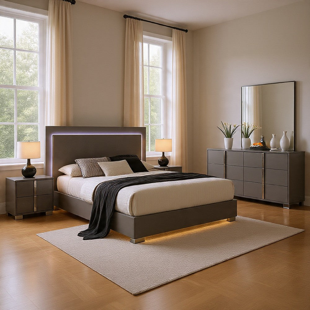 Suni 5pc Queen Bedroom Set | LED Headboard | Light Taupe Gray | 2 Nightstand