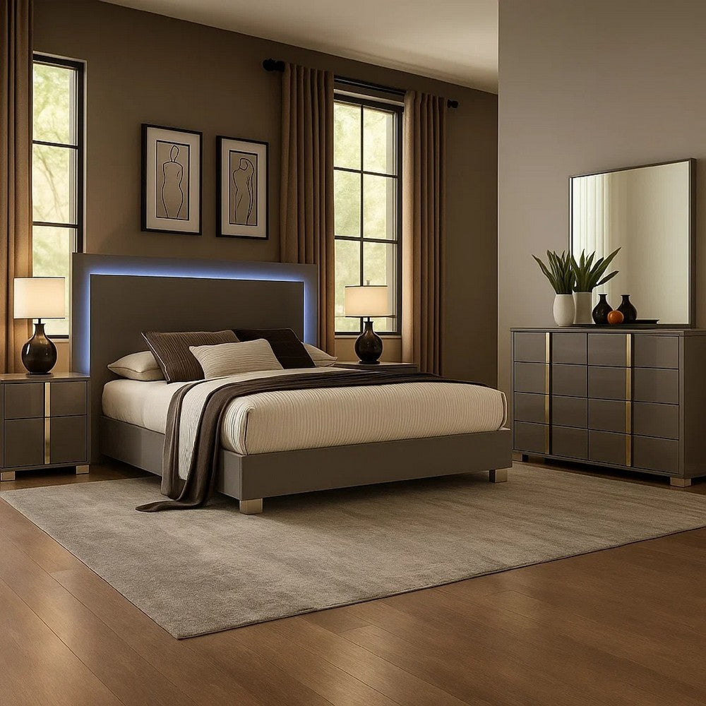 Suni 5pc Queen Bedroom Set | LED Headboard | Light Taupe Gray | 2 Nightstand