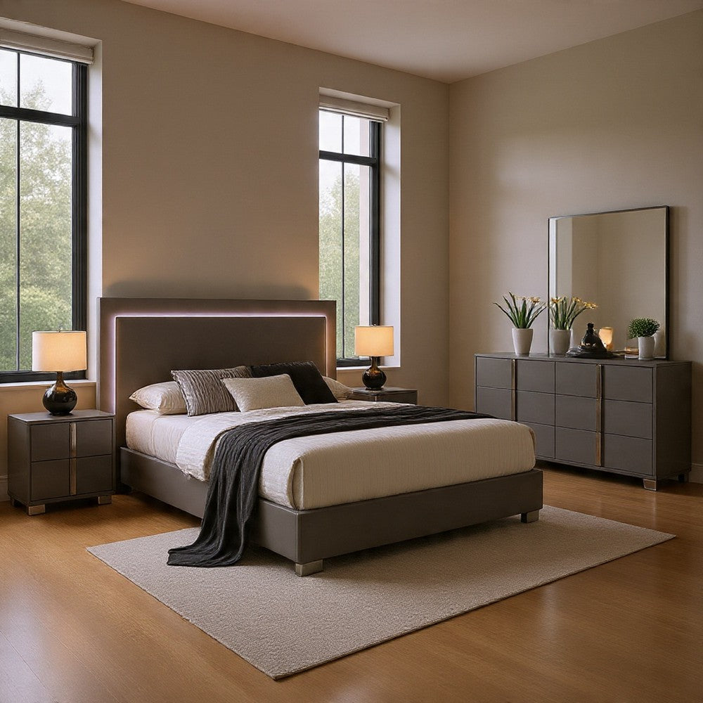 Suni 5pc Queen Bedroom Set | LED Headboard | Light Taupe Gray | 2 Nightstand