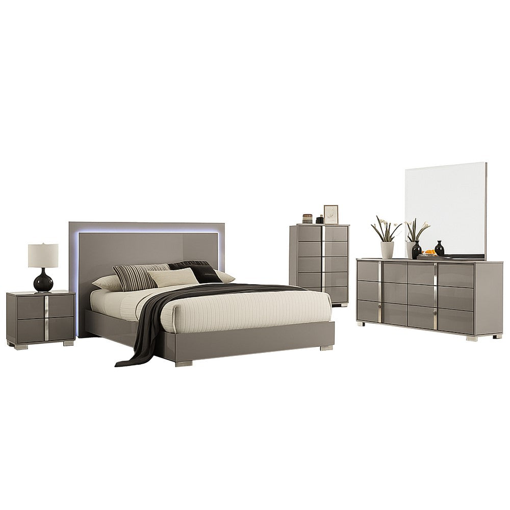 Suni 5pc Queen Bedroom Set | LED Headboard | Light Taupe Gray | Tall Dresser