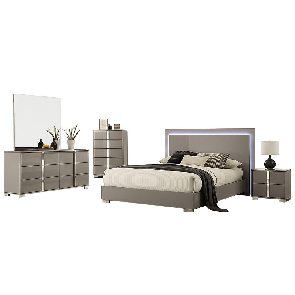 Suni 5pc Queen Bedroom Set | LED Headboard | Light Taupe Gray | Tall Dresser