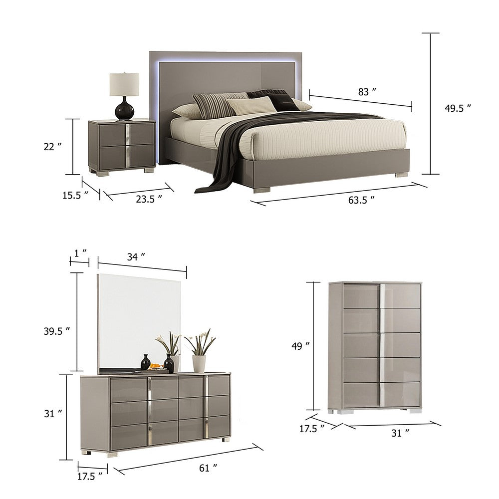 Suni 5pc Queen Bedroom Set | LED Headboard | Light Taupe Gray | Tall Dresser