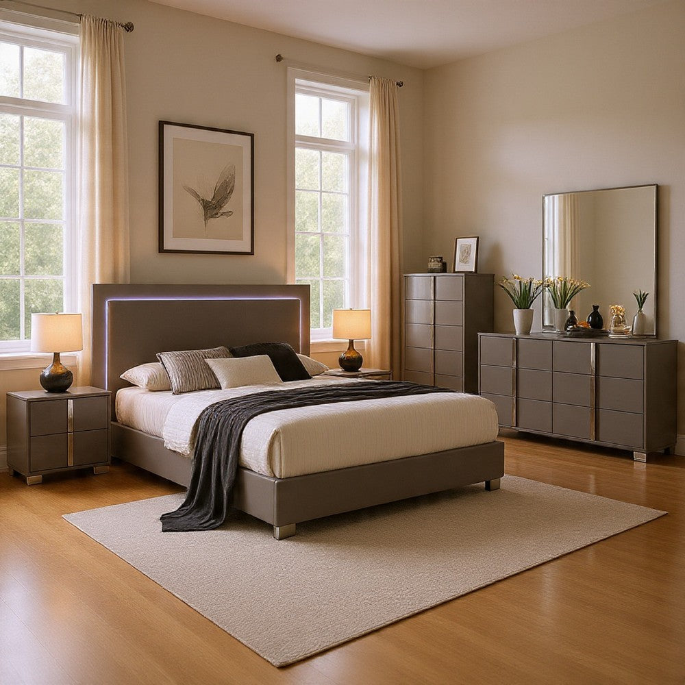 Suni 5pc Queen Bedroom Set | LED Headboard | Light Taupe Gray | Tall Dresser