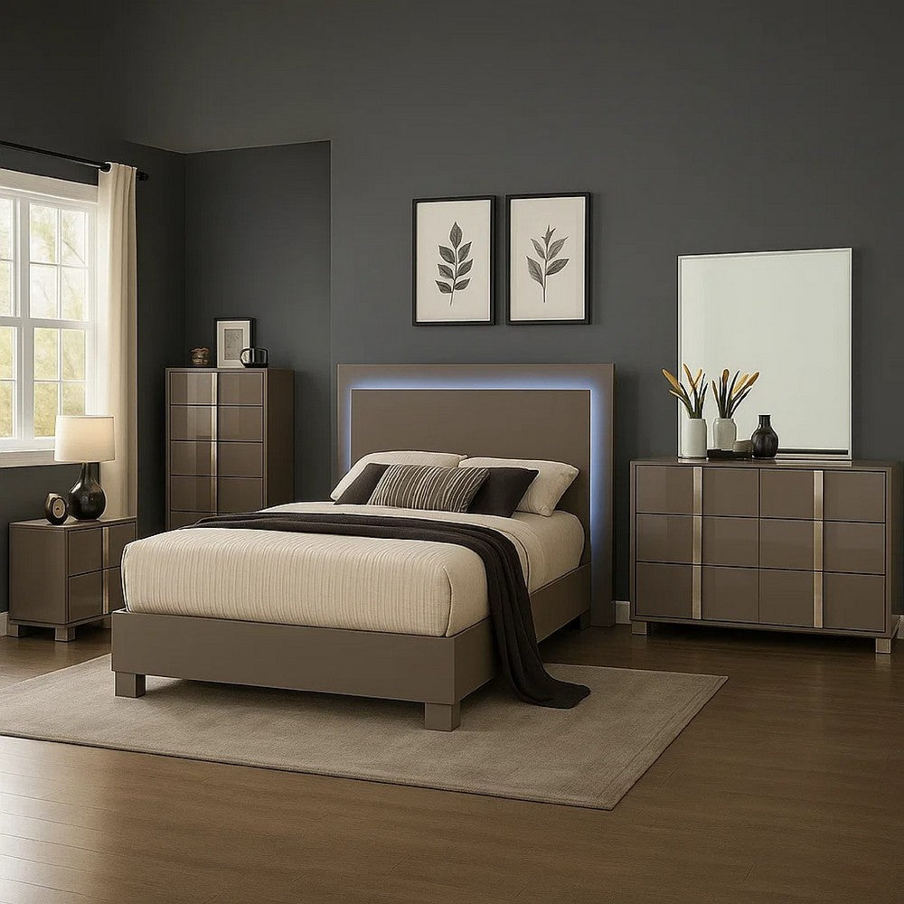 Suni 5pc Queen Bedroom Set | LED Headboard | Light Taupe Gray | Tall Dresser
