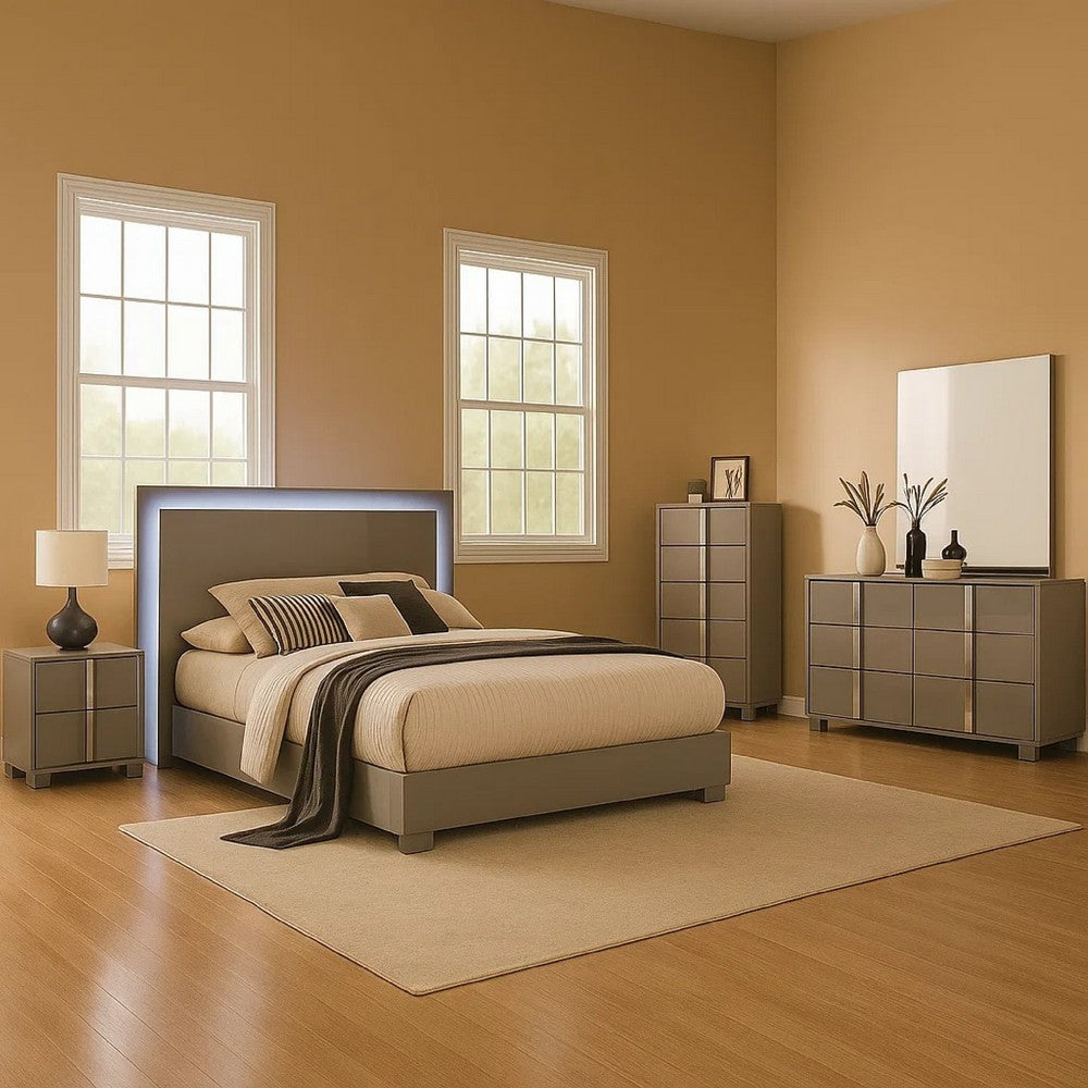 Suni 5pc Queen Bedroom Set | LED Headboard | Light Taupe Gray | Tall Dresser