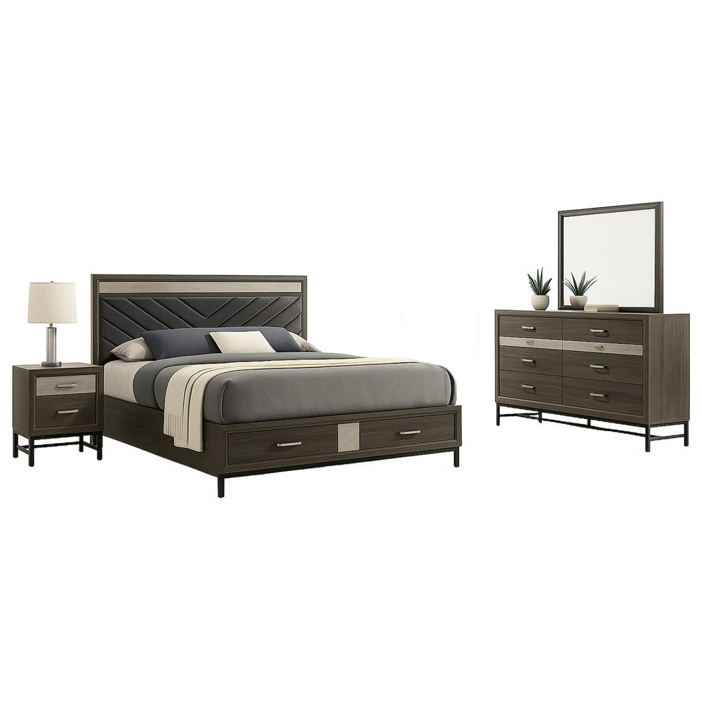 Lito 4pc Complete Queen Bedroom Set | Gray Upholstery | Footboard Drawers