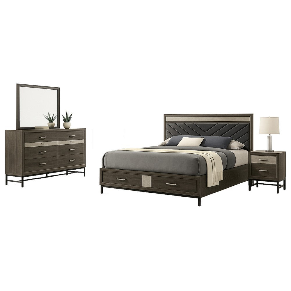 Lito 4pc Complete Queen Bedroom Set | Gray Upholstery | Footboard Drawers