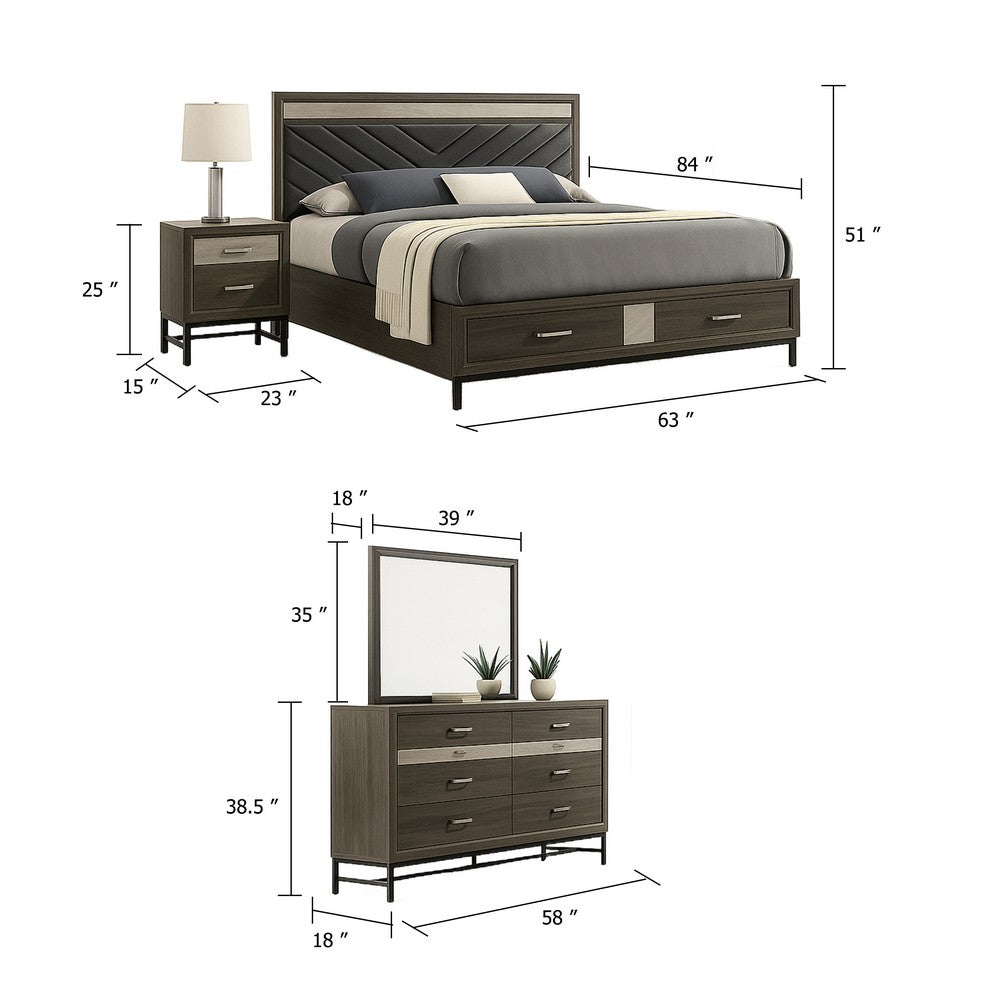 Lito 4pc Complete Queen Bedroom Set | Gray Upholstery | Footboard Drawers