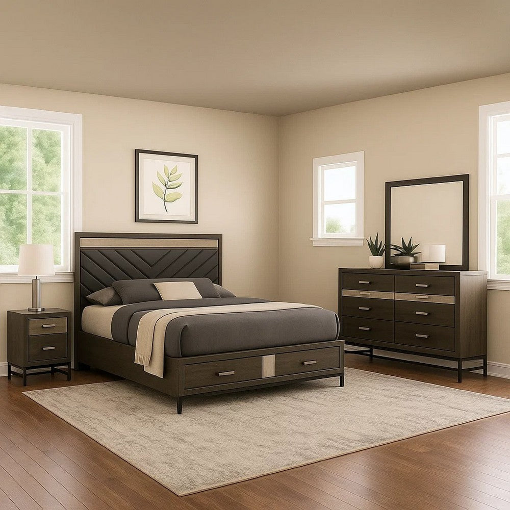 Lito 4pc Complete Queen Bedroom Set | Gray Upholstery | Footboard Drawers