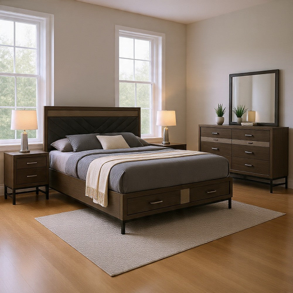 Lito 4pc Complete Queen Bedroom Set | Gray Upholstery | Footboard Drawers