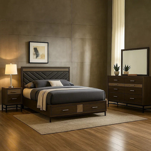 Lito 4pc Complete Queen Bedroom Set | Gray Upholstery | Footboard Drawers